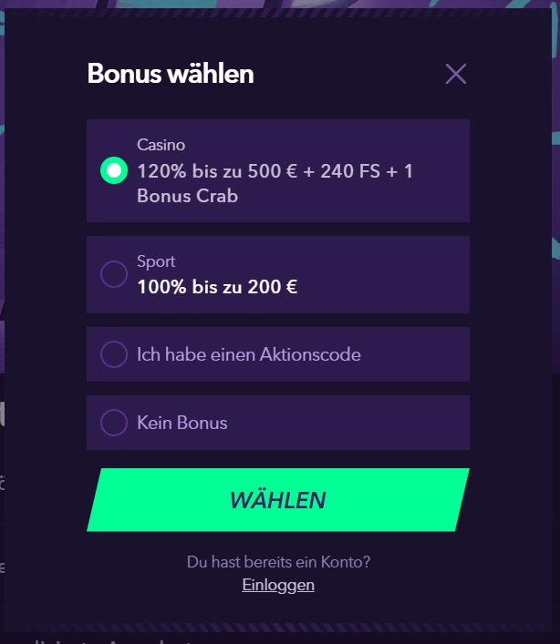 NaoBet Casino Bonus Auswahl Fenster mit Casino Bonus 120% bis 500€ und Sport Bonus 100% bis 200€