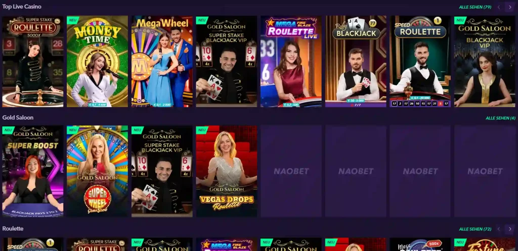 NaoBet Casino Live Casino Bereich mit Roulette, Blackjack und verschiedenen Live Spielen