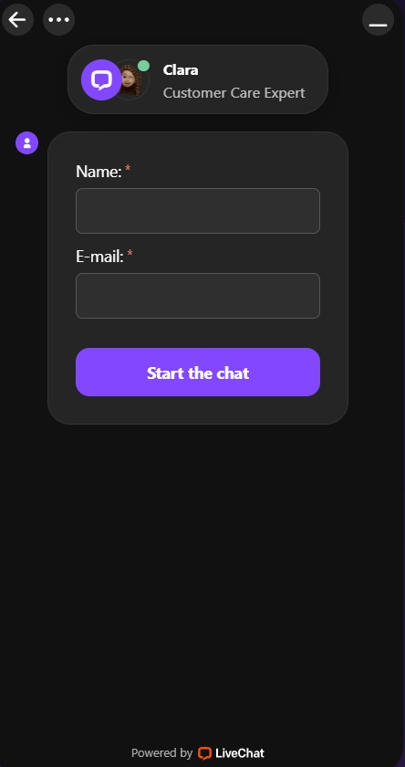NaoBet Casino Live Chat Support Formular mit Name und E-Mail Eingabe