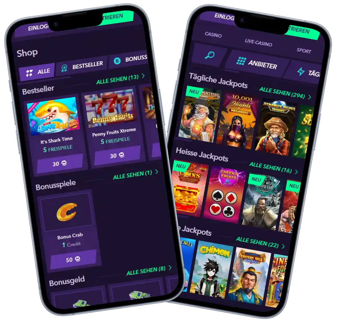 NaoBet Casino mobile Ansicht mit Shop, Bonusspielen und Jackpot Spielen auf Smartphone