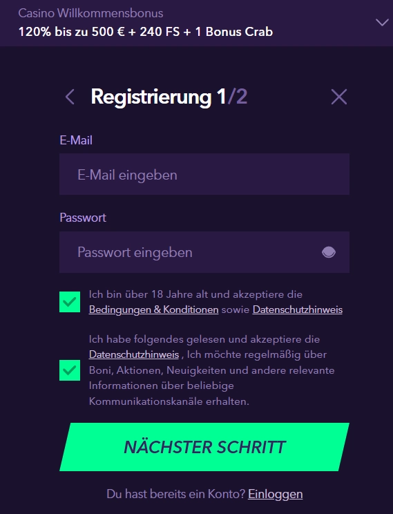 NaoBet Casino Registrierungsformular mit E-Mail und Passwort Eingabe