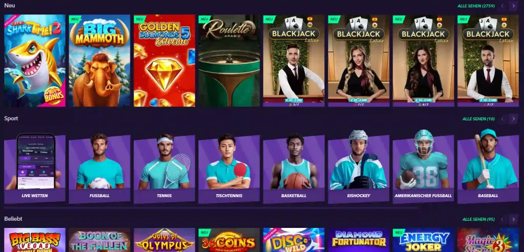 NaoBet Casino Spiele Bereich mit neuen Slots, beliebten Spielen und Sportarten Auswahl