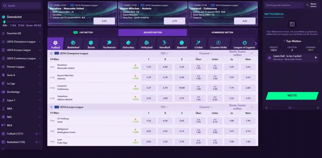 NaoBet Casino Sportwetten Bereich mit Live Wetten, Quoten Übersicht und verschiedenen Sportarten