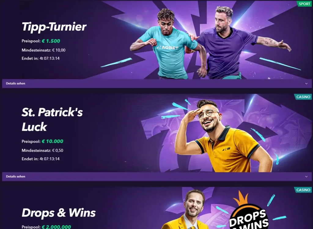NaoBet Casino Turniere mit Tipp Turnier, St Patricks Luck und Drops and Wins Aktionen und Preispools
