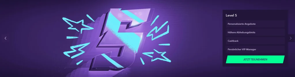 NaoBet Casino VIP Level 5 Bereich mit Cashback, persönlichem VIP Manager und höheren Limits